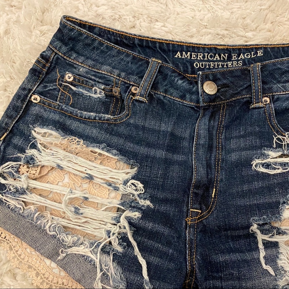 Distressed denim shorts crochet detail